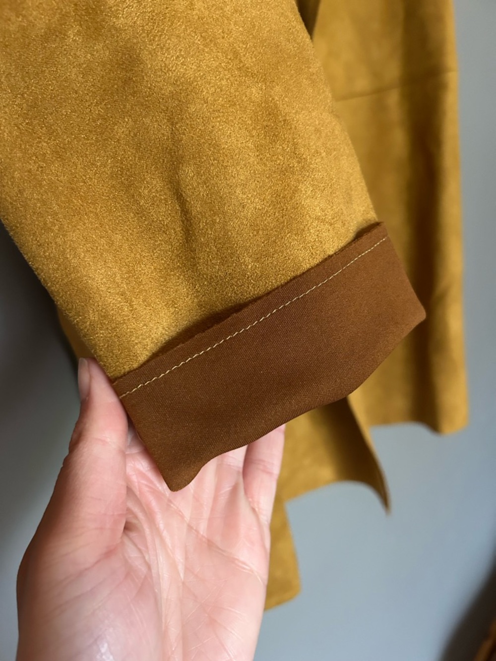 Mystree Mustard Open-Front Suede Trench Coat - Picture 3 of 8